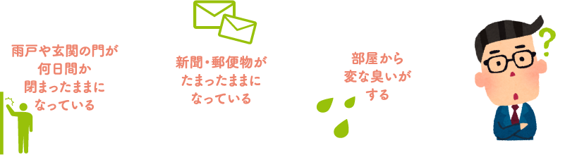 雨戸や玄関の門が何日間か閉まったままになっている。 新聞・郵便物がたまったままになっている。部屋から変な臭いがする。