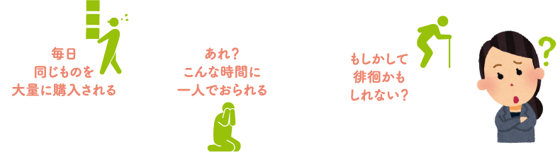 毎日同じものを大量に購入される。あれ？こんな時間に一人でおられる。もしかして徘徊かもしれない？